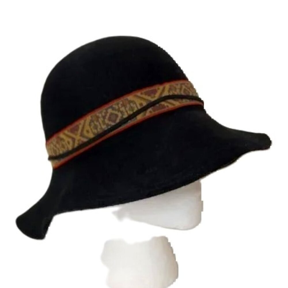 Wool Felt Wide Brim Floppy Hat Kilim Style Pattern Band Adjustable Boho Black